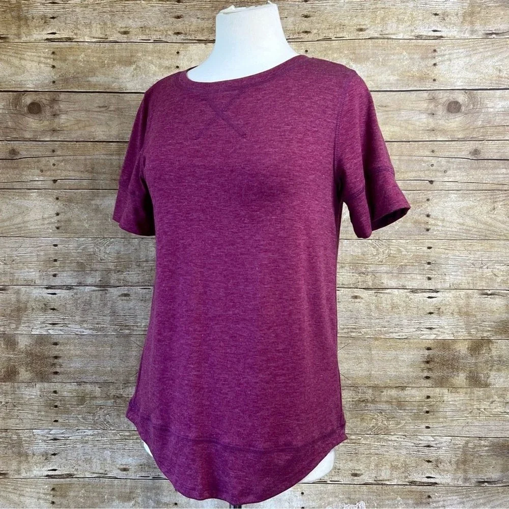 Unbranded Women Heathered Burgundy Short‎ Sleeve Pullover Top Curved Hem Size S